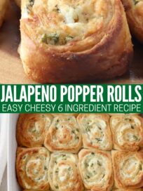 jalapeno popper rolls in casserole dish and on wood serving board