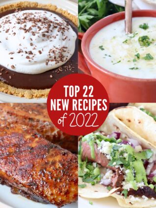 collage of recipes including pork chops, chocolate pie, potato soup and steak tacos