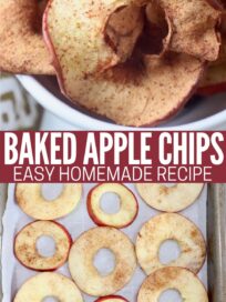 baked apple slices in bowl and slices of apple on baking sheet
