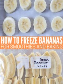 banana slices on parchment lined baking sheet and quartered bananas in plastic zipper bag
