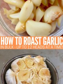 roasted head of garlic in muffin tin and roasted garlic cloves in small glass bowl