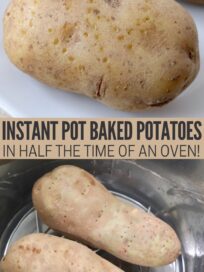 cooked potatoes on plate and uncooked potatoes in Instant Pot