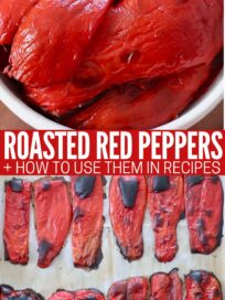 roasted slices of red peppers on baking sheet and in bowl