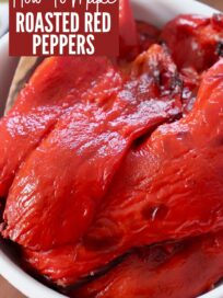 roasted slices of red bell pepper in a white bowl