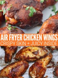 cooked chicken wings in air fryer basket and on plate