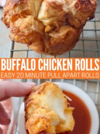 pull apart roll on wire rack and hand dipping a piece of roll into a bowl of buffalo sauce