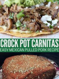 tostada topped with cooked carnitas pork, guacamole and crumbled cotija cheese, and whole seasoned pork shoulder in crock pot