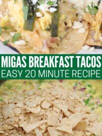 migas tacos on plate topped with roasted poblano peppers, and crushed tortilla chips in pan with whisked eggs