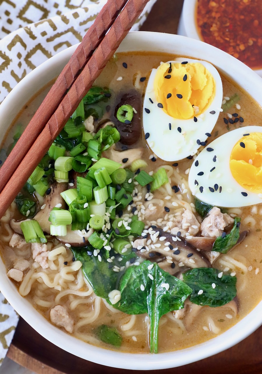 miso ramen in bowl with chopsticks on the side