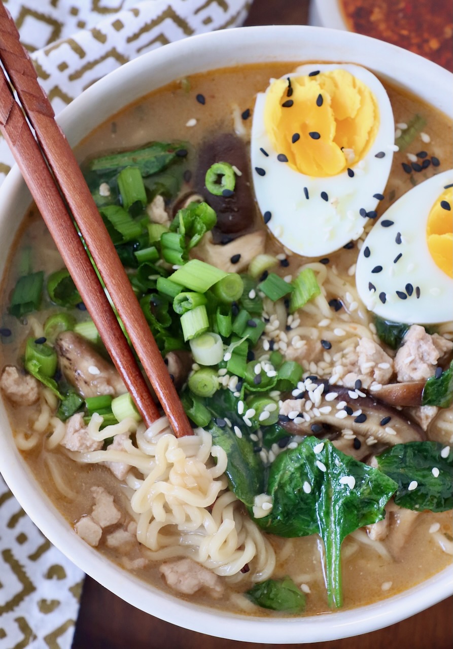 miso ramen in bowl with chopsticks and egg