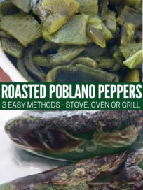 roasted poblano peppers on baking sheet and peeled and diced in bowl