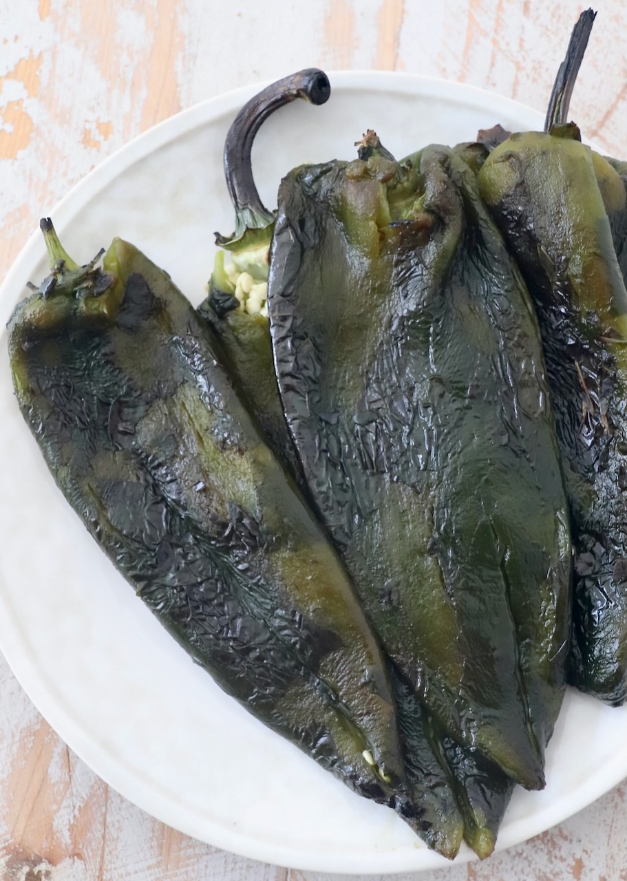 roasted poblano peppers on plate