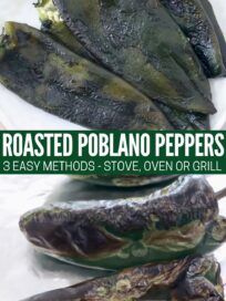 roasted poblano peppers on baking sheet and peeled on plate