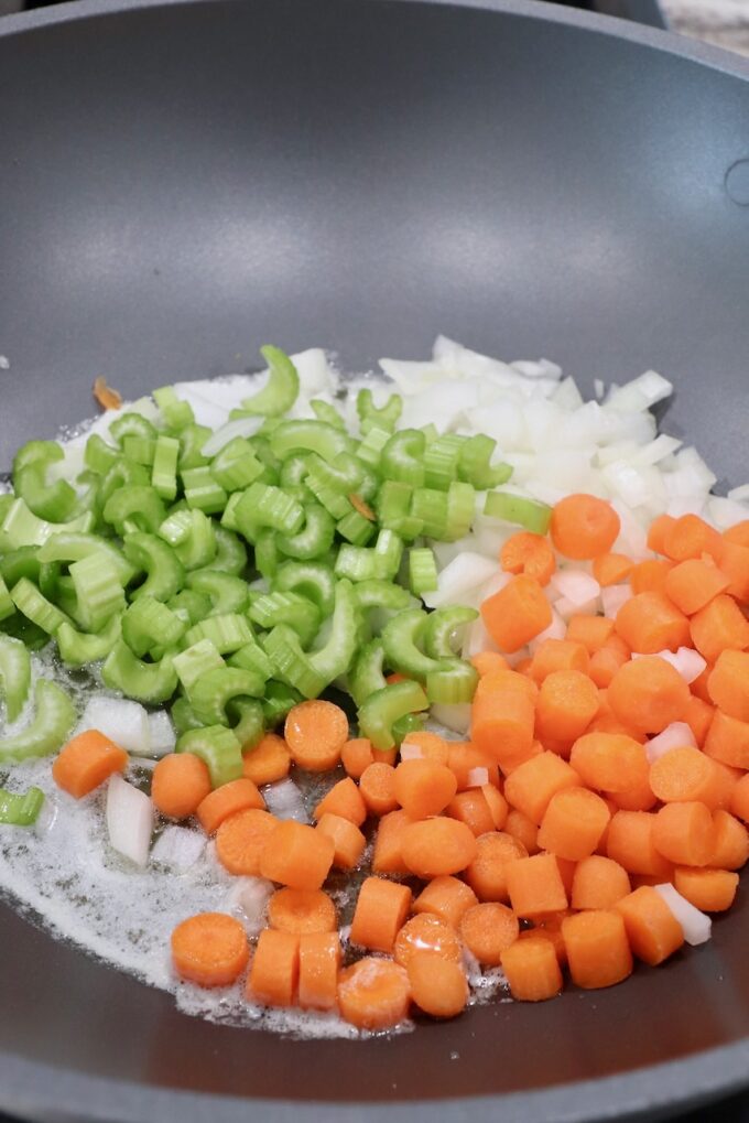 diced carrots, celery and onions in large skillet