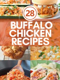 collage of images showing different recipes with buffalo chicken