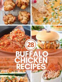collage of images showing different recipes with buffalo chicken