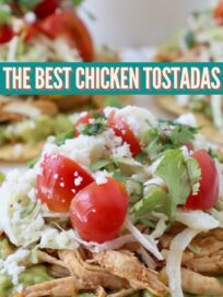 shredded chicken on tostadas with guacamole, cherry tomatoes and shredded lettuce