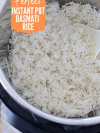 cooked white rice in an Instant Pot with serving spoon