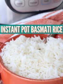 white rice in orange bowl with spoon, with Instant Pot in the background