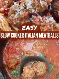 cooked meatballs in bowl with fork and in slow cooker with tomato sauce and serving spoon