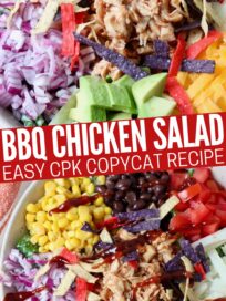 bbq chicken salad in bowl with beams, corn, cheddar cheese and vegetables