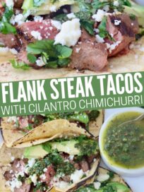 steak tacos on plate with chimichurri sauce