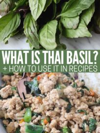 thai basil leaves on marble tray and in thai basil chicken dish in bowl with fork