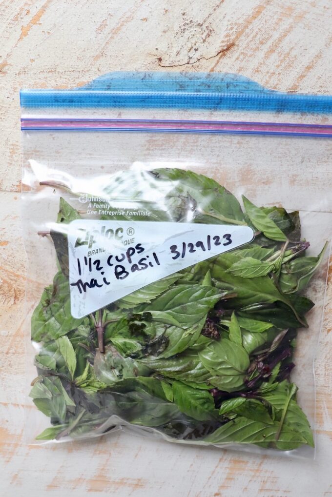 thai basil leaves in freezer bag