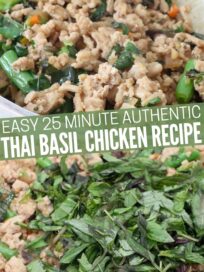 fresh Thai basil in large pan with cooked ground chicken and prepared thai basil chicken in bowl with rice