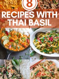 collage of images of recipes with thai basil as an ingredient