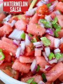 prepared watermelon salsa in bowl with spoon