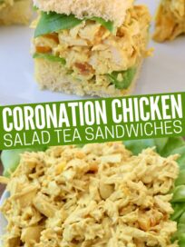 curry chicken salad tea sandwiches on plate and chicken salad on top of lettuce leaves on plate