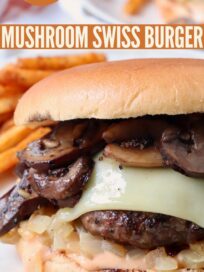 grilled mushroom swiss burger on plate