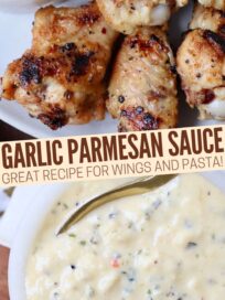garlic parmesan sauce in small bowl with gold spoon and next to grilled chicken wings on a plate