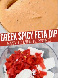 spicy feta dip in bowl with spoon and feta cheese, roasted red peppers and greek yogurt in food processor