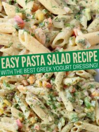 prepared pasta salad in creamy curry dill sauce in bowl