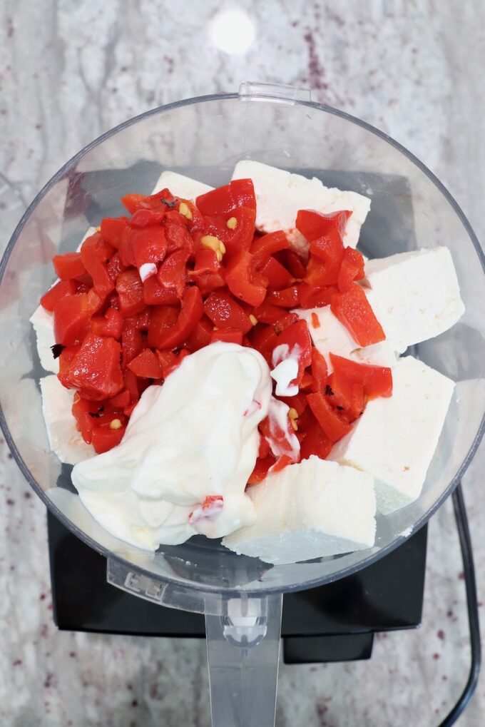 feta cheese, greek yogurt and roasted red peppers in food processor