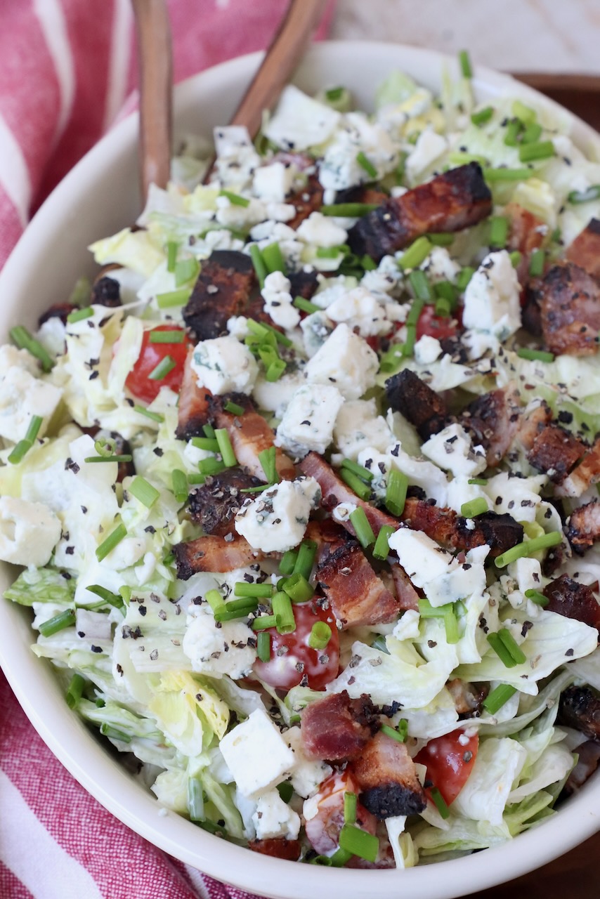 chopped blue cheese bacon salad in oval bowl
