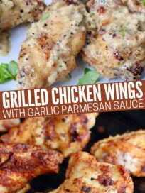 grilled chicken wings on the grill and on a plate tossed with garlic parmesan sauce