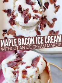 scoops of maple bacon ice cream in a waffle cone and in an ice cream scoop on top of a container of ice cream