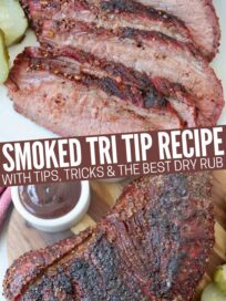 sliced smoked tri tip on plate and whole smoked tri tip on round wood board