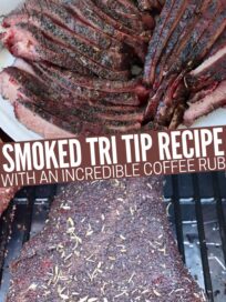 sliced smoked tri tip on plate and whole smoked tri tip on smoker grill grates