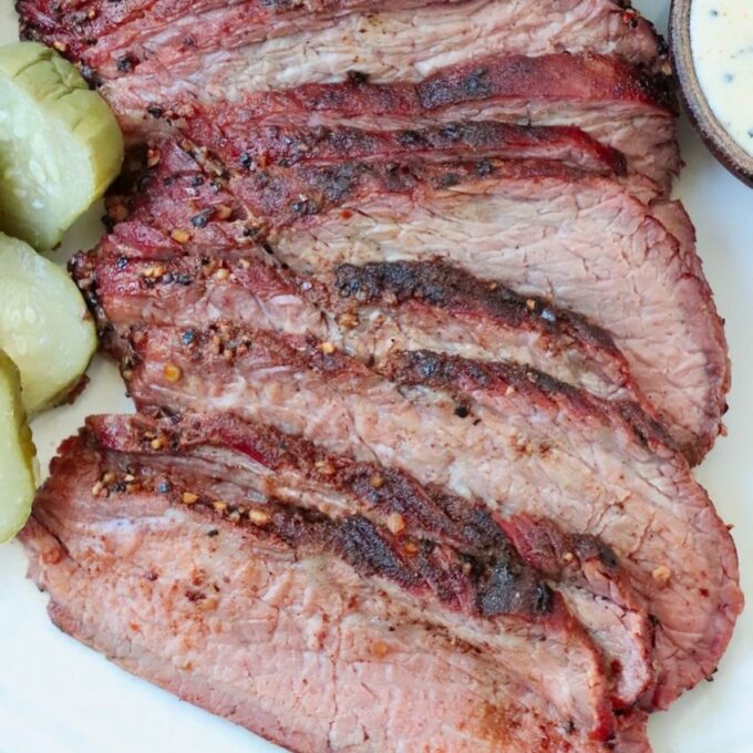 sliced smoked tri tip on plate