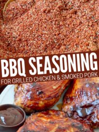 bbq seasoning in bowl with spoon and rubbed on grilled bbq chicken on plate with bbq sauce