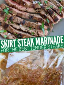sliced grilled skirt steak on plate and raw skirt steak in ziploc bag in marinade