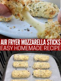cooked mozzarella stick pulled apart with hands and uncooked mozzarella sticks in air fryer basket
