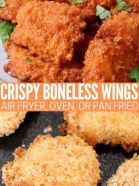 crispy baked boneless wings on cutting board and boneless chicken wings tossed with buffalo sauce on plate