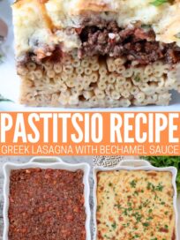 piece of cooked pastitsio on plate, baked pastitsio in casserole dish and tomato meat sauce in casserole dish