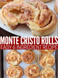 baked monte cristo rolls on parchment-lined baking sheet, and on plate