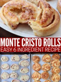 baked and uncooked monte cristo rolls on parchment-lined baking sheet, and baked rolls on plate